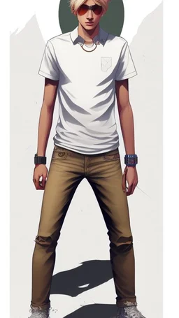 Teen man, blond hair, perfect face, style of tomer hanuka, jeans, white, t-shirt, pompadour