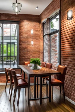 comedor con acabados de ladrillos y ventanas