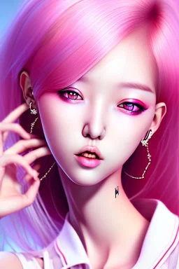 k-pop girl, photorealistic, pink hair, white clothes, hd