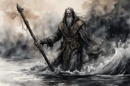 highly detailed ink wash and watercolor character concept illustration of Charon, the ferryman of the dead, maximalist, sharp focus, highest resolution, in the styles of Denis Forkas , Masahiro Ito, boldly inked, 8k, coarse, gritty textures