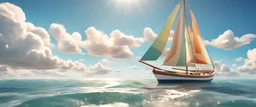 Background: a sailboat on a ocean on a bright sunny day landscape, clouds, 3d cartoon asset, clean Details: Sailboat on right third of the image, beach on left third of the image. Camera: frontal angle, 45°, 35 mm. Lighting: high noon sun, LED lights. cartoon style