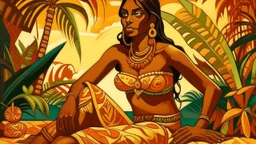 A vibrant and immersive artwork inspired by the style of Paul Gauguin, featuring a Polynesian woman as the central subject. She is depicted in a relaxed pose, seated on a woven mat under a palm tree, her posture reflecting a serene and contemplative demeanor. Her skin is a rich, sun-kissed brown, with intricate floral tattoos adorning her arms and shoulders, symbolizing cultural heritage and ancestral connections. She wears a traditional Tahitian dress, made of soft, flowing fabric in deep ochre