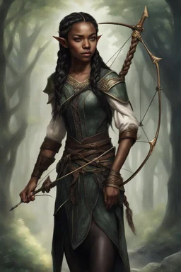 young elven woman, dark skin, brown eyes, braided black hair, dressed in elven clothing, carrying bow and arrow