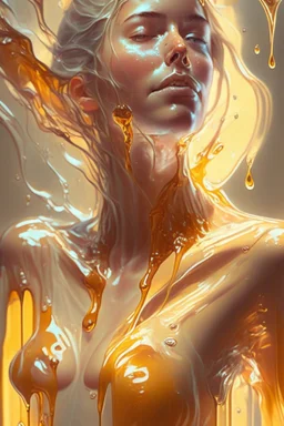 WOMEN WITH transparent Liquid honey dripping, photorealistic beautiful woman, light hair, full body, cover, hyperdetailed painting, luminism, Bar lighting, complex, 4k resolution concept art portrait by Greg Rutkowski, Artgerm, WLOP, Alphonse Mucha,