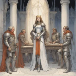 [art by Michael Kaluta] Joan of Arc approach the throne ; she can see the king studying her intently. She bows deeply, showing her respect, and Jean and Bertrand introduce her to the king.