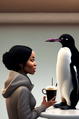 young black hair woman talk to a penguin in coffee-shop