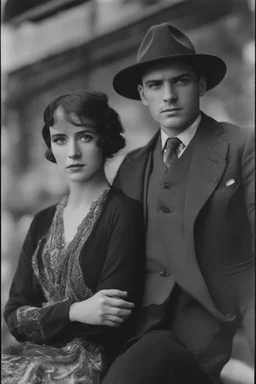 Up close Black and white photo of a serious couple sitting for portrait shoot in the 1920s