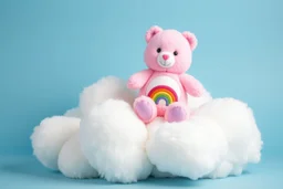 overstuffed white plushie stuffed toy clouds, a pink care-bear(cheer bear) plush with tummy symbol(Rainbow) sitting on top of the cloud, blue background