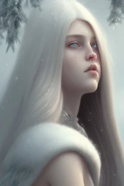 girl, cute, beautiful, snow, long hair, blue eyes, makeup, white hair, closed mouth, tilted head, front facing, long eyelashes, big nose, 8k resolution concept art portrait by Greg Rutkowski,