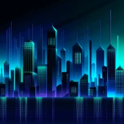 Digital and futuristic illustration of a minimalist and digital city with a dark background and gradients with light blue, light green, and purple.