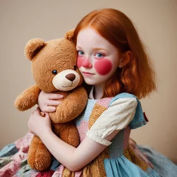 Patchwork dress, beautiful sadie sink with rosy cheeks and freckles, hugging a teddy bear, autochrome