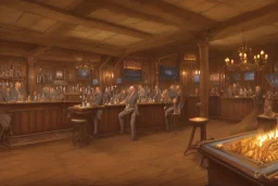 an inn, with a large dining room and a bar on one side. At the bar, a larger, older man with no hair is standing, conversing with a dwarf sitting in a bar stool on the other side. A large fireplace is lit in the center of the room. In addition to that, there are a handful of guests scattered around the room…