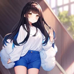 Clear focus,High resolution, Black long fluffy hair, and brown eyes, wearing a blue shorts,white shirt, Loli