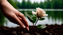 a young woman's hand plants a small white rose stem in the ground, in the background a lake, some green trees, ultra detailed, sharp focus, perfect hands, perfect photo