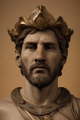 Realistic image, classic sculpture made in marble with gold veins, Lionel messi, gold laurel leaves crown, waist up portrait,marble material, gold ornaments, Renaissance style, sun rays background, epic, celestial, cinematic lighting, God lights, 4k resolution, smooth details, soft lighting, unreal engine 5, art station, substance 3d.