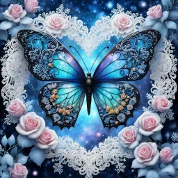 Beautiful filigree lacey butterfly, winter wonderland background, triple frosted heart with bi colored roses, glitter, glowing, transparent, sparklecore, Thomas Kinkade, realistic painting, 8K