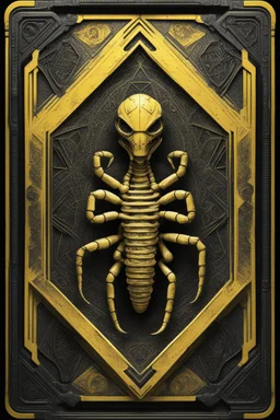 sacred geometry framed playing card, black and yellow scorpion fractal mummy relief with shadows boss card in the style of Giger and fallout 4 ,,bokeh like f/0.8, tilt-shift lens 8k, high detail, smooth render, down-light, unreal engine