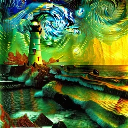 Fantasy, light house, Rocks, lighting, surreal, waves crashing below on the Rocks , 8k, sunset, sketch by Van Gogh in oil