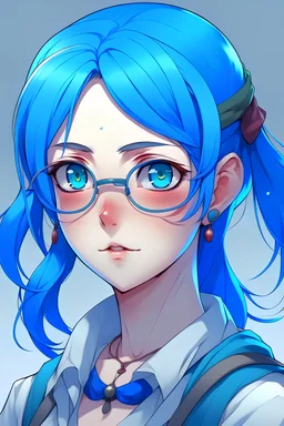 uma personagem de animecom cabelos azuis com um olhar serio e usando uma blusa com decote ela usa um oculos e seu cabelo e longo seus olhos são da cores diferentes