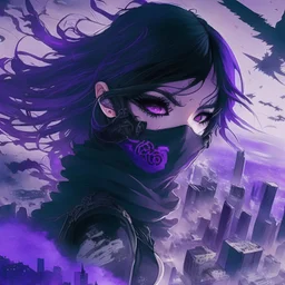 Goth girl, pose falling, mask face japan, city in the sky, monster tar, air view, purple tones,