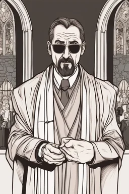 judgmental priest wearing sunglasses who looks like Hans Gruber red comic book style