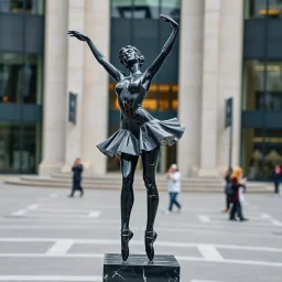 photo of a statue of ballerina made of black marbel in a modern city center