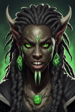 generate a dungeons and dragons character portrait of a female beast-human hybrid with black skin, dreadlocks, green piercing eyes, fangs and a thick nose. She is wearing black clothes and has tusks