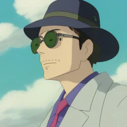 a man with sunglasses standing in front of a cloudy sky, a character portrait, by Miyazaki, flcl, old charismatic mechanic, subtle confident smile, in pilote, solarpunk human, defying gravity, pompadour, absolute chad, john carmack, daddy energy, gulf, beautiful singularities