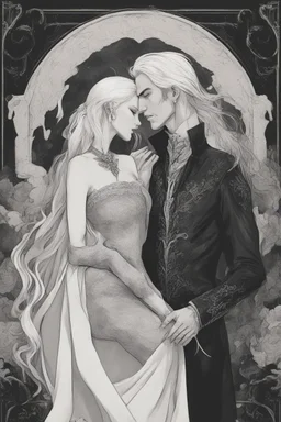 Strahd Von Zarovich being kissed by a beautiful woman with white hair, wearing an off the shoulder dress. Settling and background are a lavish toomb with an ebony coffin.