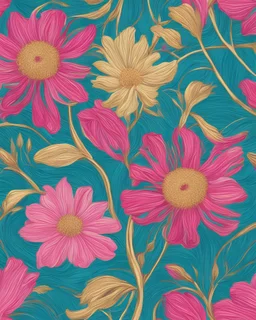 dark turquoise, bright pink and gold white lines flower van Gough white background