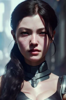 portrait,beautiful gun girl robot, post-apocalyptic in a cyberpunk city, realistic, intriacte detail, sci-fi fantasy style, volumetric lighting, particales,highly detailed,cinamatic, deep