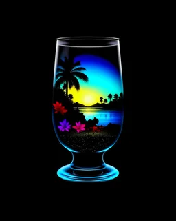 Stunning conceptual beach scene illustration in cocktail glass silhouette. Beach with vibrant colors, sunset sky and coast with palm trees. Cinematic black background, the glass looks like a window to a tropical paradise.12k 3D HD hyper-realistic Image quality CodeFormer AI 12K, cute flower fairy with bright wings like morning dew, flutters from flower to flower. Hair in curls,adorned with petals and pollen, mysterious phoenix woman,her silhouette made with interconnected and integrated elements