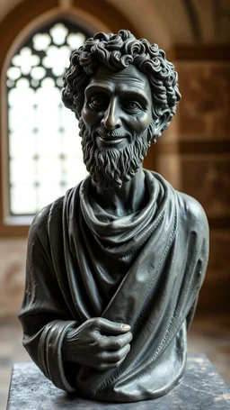 Ceramic style statue all colours are dark gray of an old church man from the 100 BC in it a whole body and the head of dead man with thick curly hair smiling