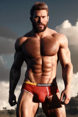 Ignore NSFW, teenager young rugged attractive slightly muscular fantastic handsome man, red briefs with yellow belt, hairy chest, (((visibly pisssing))) briefs, large erect visible boner peniss, photorealistic, artist Jay Anacleto, soft lighting, scruffy beard