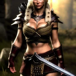 Ultra detailed fullbody Portrait in oil on canvas of Skyrim beautiful busty female Viking GreatHall ,extremely detailed digital painting,ultrarealistic skin,intense stare, extremely detailed face, crystal clear eyes, mystical colors ,perfectly centered image, perfect composition, rim light, beautiful lighting,masterpiece ,8k, stunning scene, raytracing, anatomically correct, in the style of Simon Bisley and Ohrai Noriyoshi and robert e howard and Steve Jung and Wizyakuza and uncannyknack.