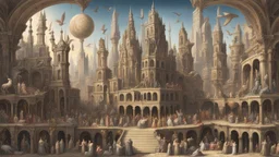 Depiction of an elaborate fantasy cityscape with various architectural styles, including classical and gothic elements, with statues of humans, animals, birds, and mythical figures with multiple levels of buildings.