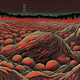 fiery harvest moon blazing over farm field of bulging fat pumpkins, hypersurreal, color pen illustration, by Moebius, by Dave McKean, fantastical intricately detailed art. deep warm colors, complementary colors, trending on Artstation.