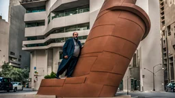 a big man in a modern street in Tehran with a tower.