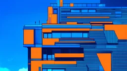 cyberpunk, A modern abstract building with bold orange and blue geometric shapes against a blue sky background, vaporwave, neon colors, science fiction, detailed scene