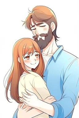 Anime man with beard, handsome and happy, holding wife. Romantic and in love