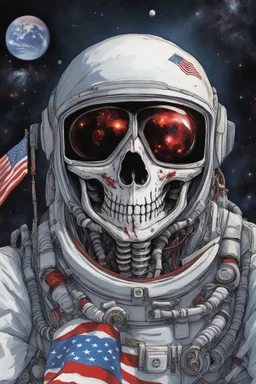 A close up of a skeleton face looking shocked, in an astronaut helmet and suit floating in space. inside the hollow eyes are red shining lights, scary. On his suit is an American flag and in his one hand is a small wavering American flag, on it is written "boned in the USA". From the back of his suit is blowing out blue, white and red smoke. Realistic, 8k, highly detailed, funny