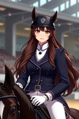A portrait of a woman with long brown hair and red eyes wearing competitive horse riding clothes, riding a black horse, modern dressage arena setting, anime style, intricately detailed, masterpiece, HD, 4k