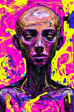 A colorful, abstract illustration of a humanoid figure, featuring exaggerated facial features and intricate linework. The image is filled with vibrant hues of pink, yellow, and purple, creating a surreal and dreamlike effect. Various shapes and patterns blend into the background, enhancing the whimsical and chaotic feel of the composition. Brightly colored accents and a sense of movement add to the overall dynamic appearance, evoking a sense of otherworldly energy.