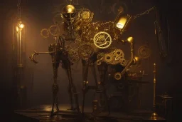 concept art of a giant mechanical clockwork marionette made of brass and gold in a dark moody interior, puppet, ornate, engraved highly detailed, fantasy, render, digital painting, trending on artstation, illustration, in the style of piotr jablonski, artgerm and greg rutkowski, dishonored, arkane lyon