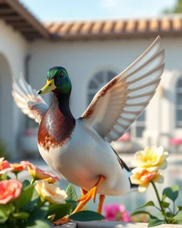Generate image: Generate image: Generate image: A macro 3D render of a cute, lovely mallard with dark green neck ,entirely of translucent, glossy,colored jelly material. it is starting to fly in terrasse of a luxury villa next to flowers ,subsurface scattering and gelatinous texture . High-quality CGI, octane render, 8k resolution, whimsical, adorable, clean composition., in the style of Portraits, in the style of Portraits, 4:3