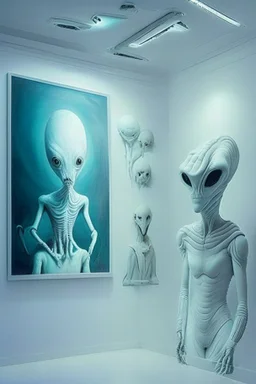 Alien Museum The color of the wall is white and there are more than one painting of aliens