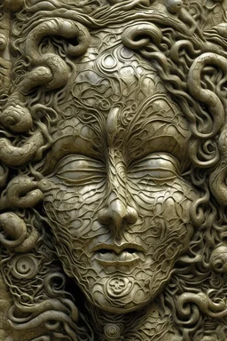 sculpture of a woman face with curly hair decayed and rotting with grotesque proportions and imagery. abstract grotesqueries, detailed texture, surreal , biomechanical design, by hr giger and beksinski