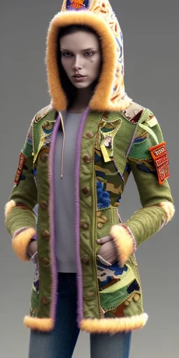 Brunette woman. average body type, think thighs and thick calves. Mantle is sewed of recycled Denim and sewed together of camouflage pieces. Printed camouflage figures are orange,terracotta, cream and purple. It is with big bright purple felt tippet and cream-colored-hood. mantle is merged with satchel. . AKG-style headphones (gold rings!) is merged with small felt cap with small visor. Style: Haute Couture in 1936, Paris fashion in 2023, inspired by street art. Cream latex gaiter.