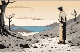 pen and ink, illustrated by hergé, man alone forever. Sadness, stunning color scheme, masterpiece