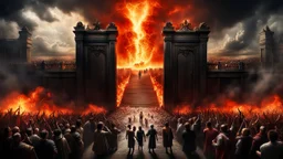 Hyper Realistic Photographic-Areal-View of Hell & Heaven & people reaching towards the gates of them showing dramatic & cinematic ambiance.